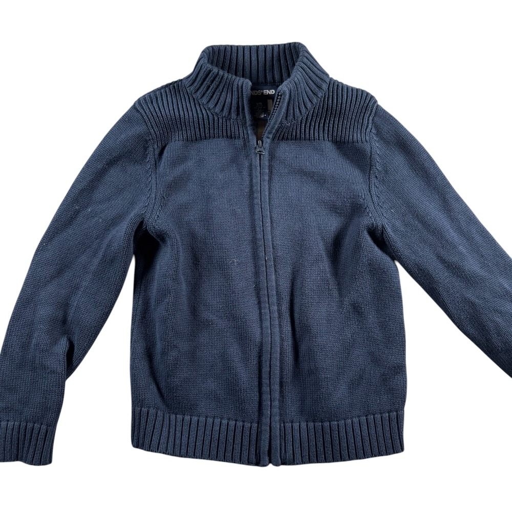 Lands End Kids Large Navy Full Zip Mock Neck Ribbed Cotton Sweater School Preppy - Picture 2 of 8